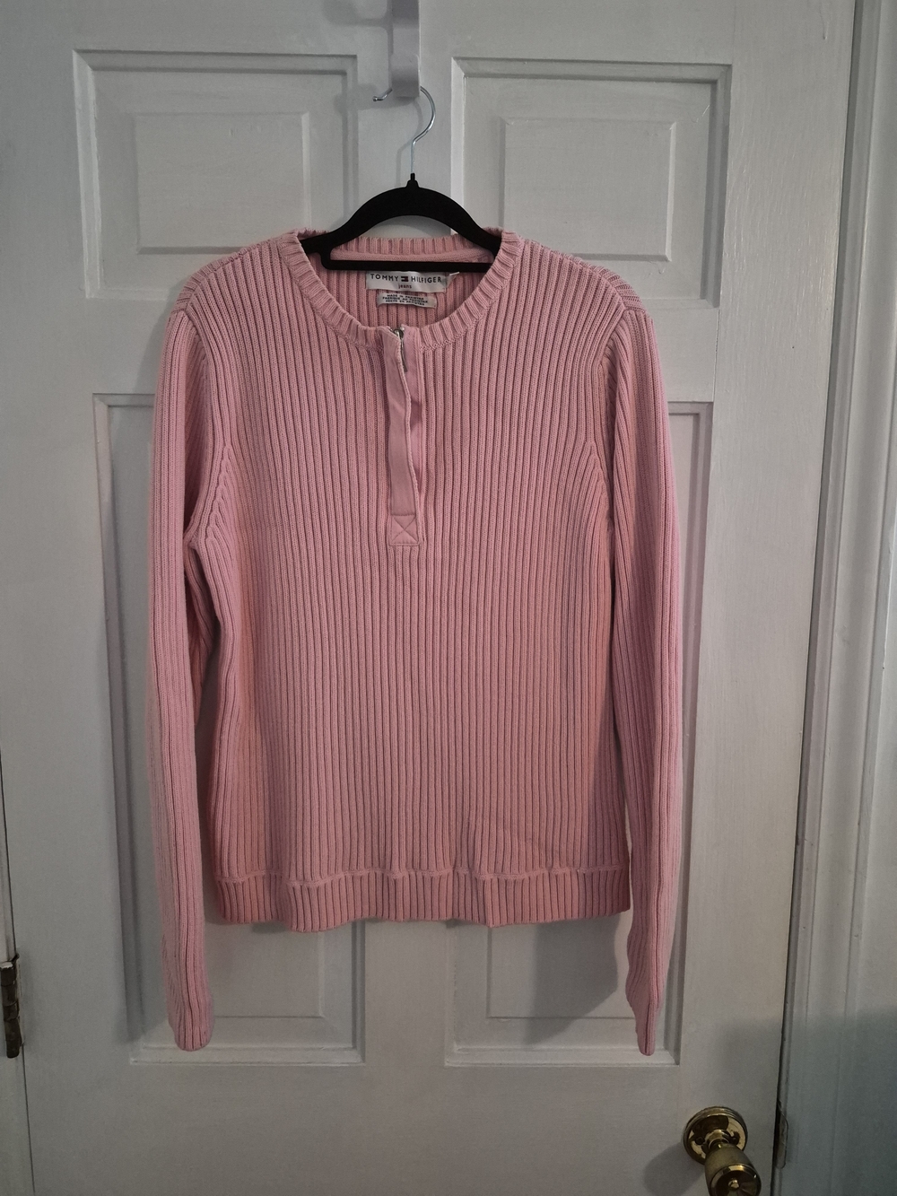 Y2K Tommy Hilfiger Pink Ribbed Knit Quarter Zip Henley Sweater Preppy Cozy XL